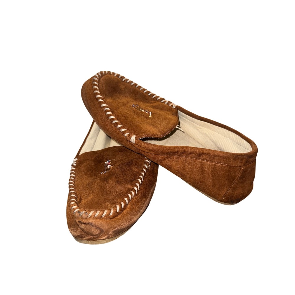 Polo Ralph Lauren Brown Suede Moccasin Slippers Pony Logo Men's Size 12